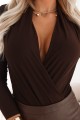 Stylowe kobiece BODY z kopertowym dekoltem - czekoladowe