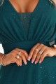 Długa połyskująca sukienka plus size z dekoltem i transparentnym rękawkiem - zieleń butelkowa