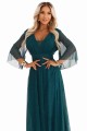 Długa połyskująca sukienka plus size z dekoltem i transparentnym rękawkiem - zieleń butelkowa