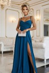 646-2 Długa sukienka wieczorowa na ramiączkach z rozcięciem na spódnicy - morska