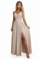 CHIARA Sukienka maxi na ramiączkach z kopertowym dekoltem i rozcięciem na nodze - szampański beż z brokatem