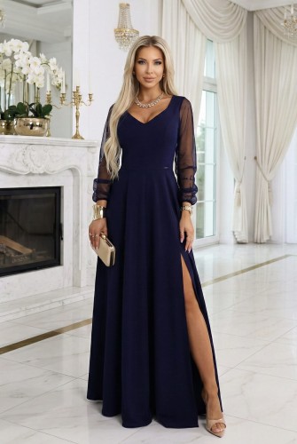 LORETTA wyjątkowa długa sukienka z tiulowymi rękawami i dekoltem - granatowa