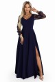 LORETTA wyjątkowa długa sukienka z tiulowymi rękawami i dekoltem - granatowa