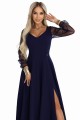 LORETTA wyjątkowa długa sukienka z tiulowymi rękawami i dekoltem - granatowa
