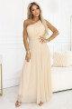 Długa błyszcząca suknia wieczorowa na jedno ramię - szampański beż