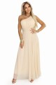 Długa błyszcząca suknia wieczorowa na jedno ramię - szampański beż