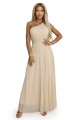Długa błyszcząca suknia wieczorowa na jedno ramię - szampański beż