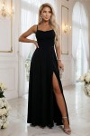 589-5 Sukienka maxi na ramiączkach z gorsetowym wiązaniem na plecach i rozcięciem - czarna