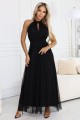 Elegancka sukienka wieczorowa maxi halter z tiulem i wiązaniem w talii - czarna