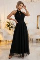 Elegancka sukienka wieczorowa maxi halter z tiulem i wiązaniem w talii - czarna