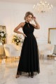 Elegancka sukienka wieczorowa maxi halter z tiulem i wiązaniem w talii - czarna