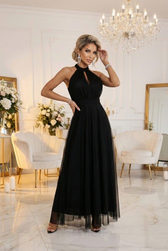 Elegancka sukienka wieczorowa maxi halter z tiulem i wiązaniem w talii - czarna