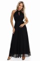 Elegancka sukienka wieczorowa maxi halter z tiulem i wiązaniem w talii - czarna