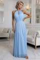 Elegancka sukienka wieczorowa maxi halter z tiulem i wiązaniem w talii - błękitna