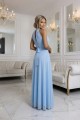 Elegancka sukienka wieczorowa maxi halter z tiulem i wiązaniem w talii - błękitna