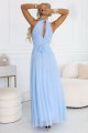 Elegancka sukienka wieczorowa maxi halter z tiulem i wiązaniem w talii - błękitna