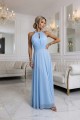 Elegancka sukienka wieczorowa maxi halter z tiulem i wiązaniem w talii - błękitna