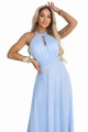 Elegancka sukienka wieczorowa maxi halter z tiulem i wiązaniem w talii - błękitna