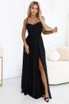 646-4 Długa sukienka wieczorowa na ramiączkach z rozcięciem na spódnicy - czarna
