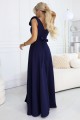 Elegancka wieczorowa suknia maxi z rozcięciem i kwiatem na ramieniu - granatowa