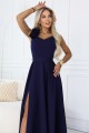 Elegancka wieczorowa suknia maxi z rozcięciem i kwiatem na ramieniu - granatowa