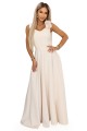 Elegancka wieczorowa suknia maxi z rozcięciem i kwiatem na ramieniu - beżowa