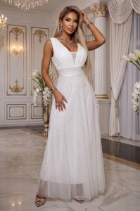 637-8 Długa sukienka maxi z brokatowym akcentem i głębokim dekoltem - ecru