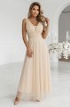 Długa sukienka maxi z brokatowym połyskiem i głębokim dekoltem - szampański beż