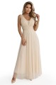 Długa sukienka maxi z brokatowym połyskiem i głębokim dekoltem - szampański beż