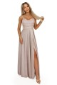 Brokatowa sukienka maxi – beżowo-różowa sukienka wieczorowa z rozcięciem