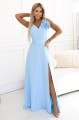 8261669-2 Sukienka maxi na wesele z kwiatem na ramieniu i rozcięciem - błękitna-1