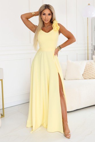 8289643-5 Elegancka wieczorowa suknia maxi z rozcięciem i różami - masełkowy żółty-1