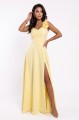 8289643-5 Elegancka wieczorowa suknia maxi z rozcięciem i różami - masełkowy żółty-4