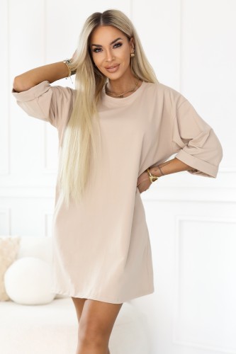 8292666-1 Bawełniana luźna sukienka oversize z krótkim rękawem - beżowa-1