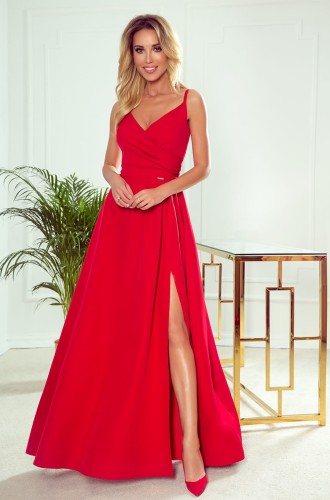 Elegancka rozkloszowana maxi suknia na cienkich ramiączkach - CZERWONA
