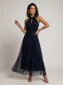 662-3 Elegancka sukienka wieczorowa maxi halter z tiulem i wiązaniem w talii - granatowa-8 8355 