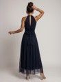 662-3 Elegancka sukienka wieczorowa maxi halter z tiulem i wiązaniem w talii - granatowa-9 8355 