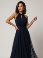 662-3 Elegancka sukienka wieczorowa maxi halter z tiulem i wiązaniem w talii - granatowa-10 8355 