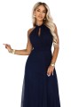662-3 Elegancka sukienka wieczorowa maxi halter z tiulem i wiązaniem w talii - granatowa-13 8355 