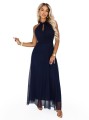 662-3 Elegancka sukienka wieczorowa maxi halter z tiulem i wiązaniem w talii - granatowa-14 8355 