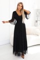 654-5 Długa połyskująca sukienka plus size z dekoltem i transparentnym rękawkiem - czarna-1 8361 