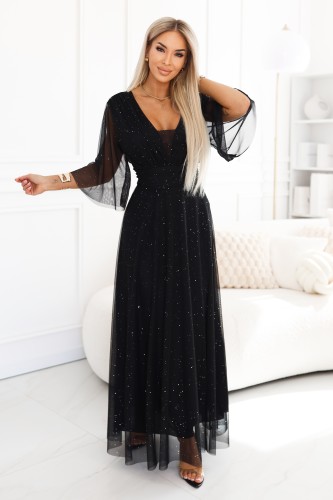 654-5 Długa połyskująca sukienka plus size z dekoltem i transparentnym rękawkiem - czarna-1 8361 