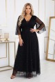 654-5 Długa połyskująca sukienka plus size z dekoltem i transparentnym rękawkiem - czarna-4 8361 