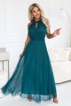 Elegancka sukienka wieczorowa maxi halter z tiulem i wiązaniem w talii - zielona