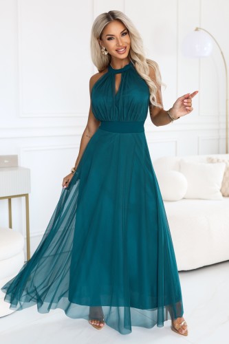 662-4 Elegancka sukienka wieczorowa maxi halter z tiulem i wiązaniem w talii - zielona-1 8399 