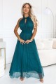 Elegancka sukienka wieczorowa maxi halter z tiulem i wiązaniem w talii - zielona