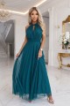 Elegancka sukienka wieczorowa maxi halter z tiulem i wiązaniem w talii - zielona