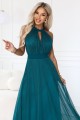 Elegancka sukienka wieczorowa maxi halter z tiulem i wiązaniem w talii - zielona