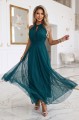 Elegancka sukienka wieczorowa maxi halter z tiulem i wiązaniem w talii - zielona