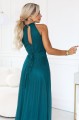 Elegancka sukienka wieczorowa maxi halter z tiulem i wiązaniem w talii - zielona